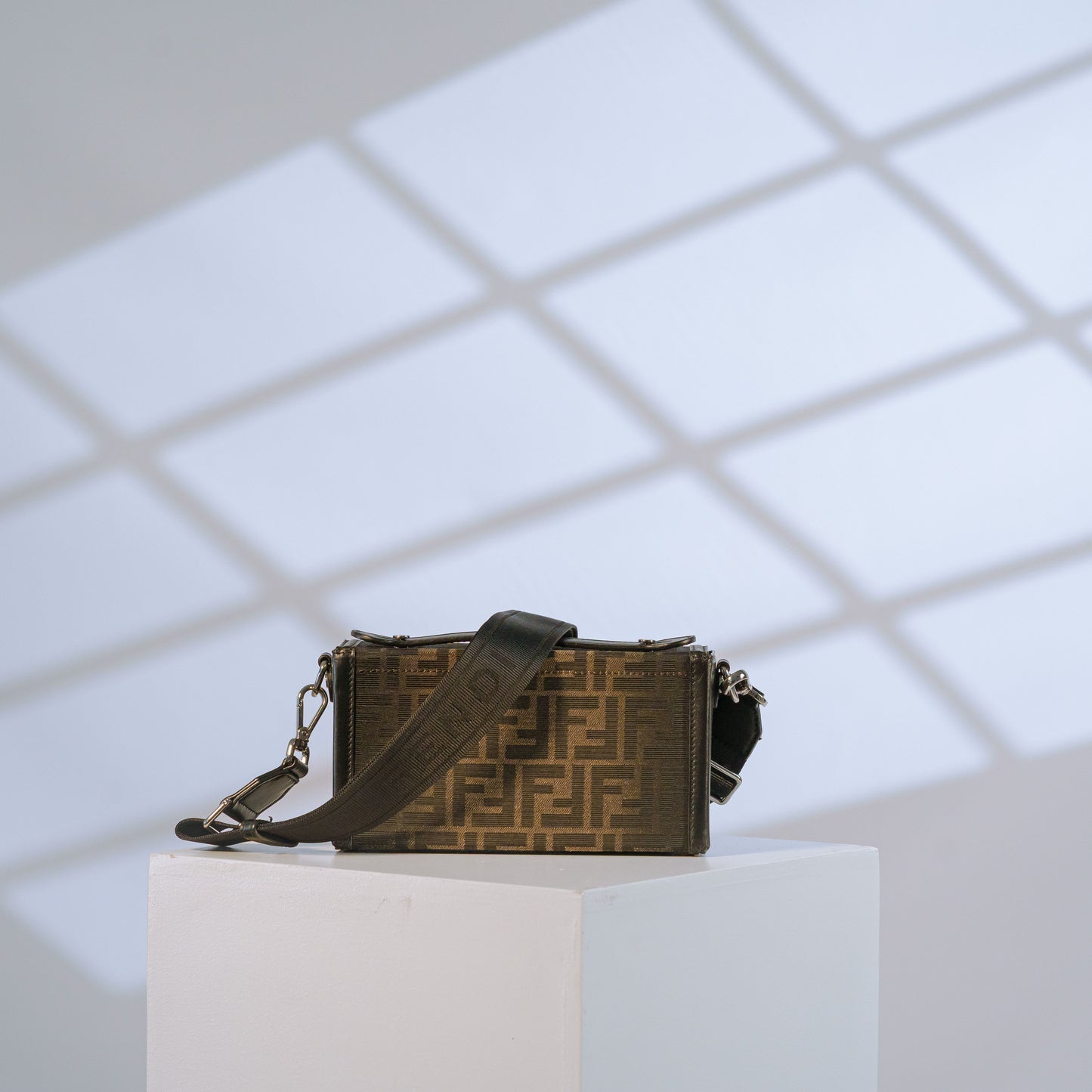 Fendi Zucca canvas crossbody bag with adjustable Fendi strap, back view