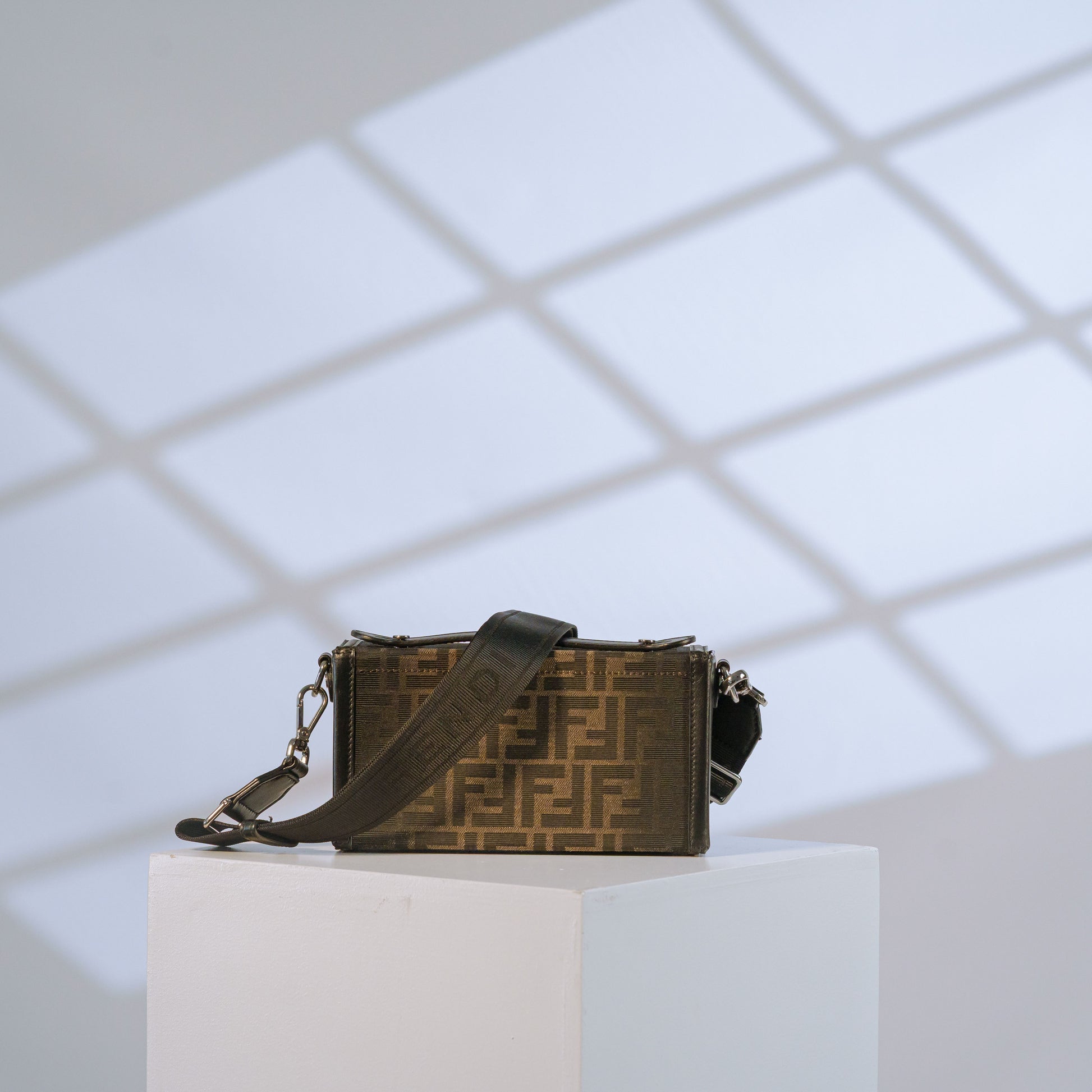Fendi Zucca canvas crossbody bag with adjustable Fendi strap, back view