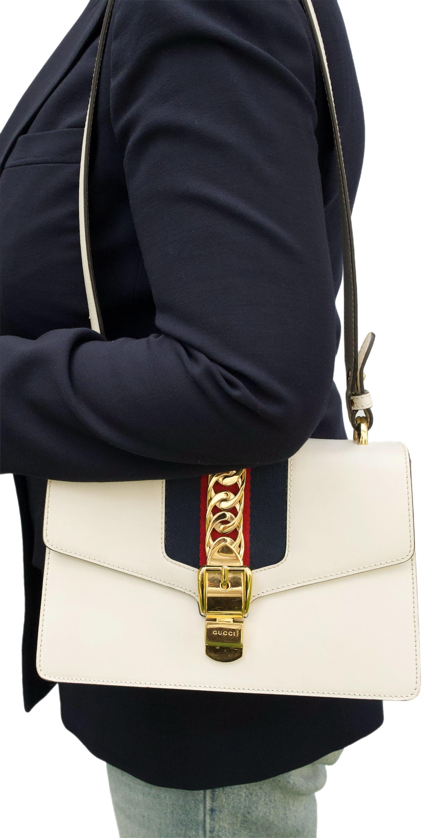 Gucci White Leather Sylvie Medium Shoulder Bag